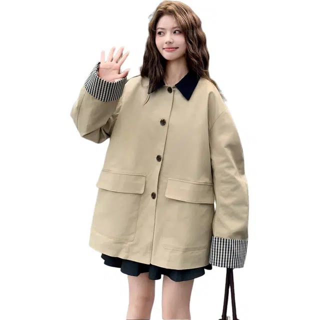 稻草人 韩系撞色卡其色中长款外套宽松小个子巴恩风风衣 女款