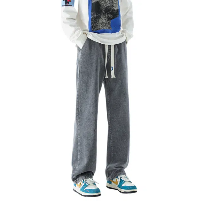 赛瀚 复古高街风阔腿牛仔裤男款美式潮流秋季厚款百搭舒适亲肤男装宽松直筒长裤显瘦显高青少年工装通勤时尚外穿休闲裤 男女同款