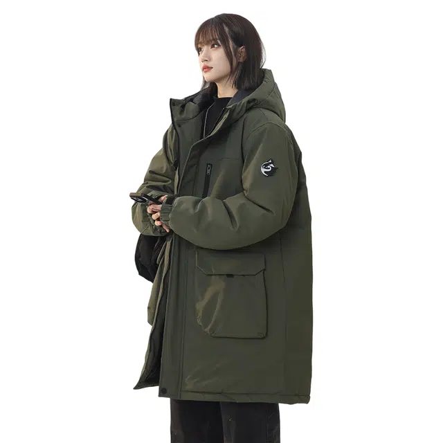 顶峰保罗 中长款石墨烯大口袋加厚外套工装连帽宽松百搭休闲纯色长袖棉服 男女同款