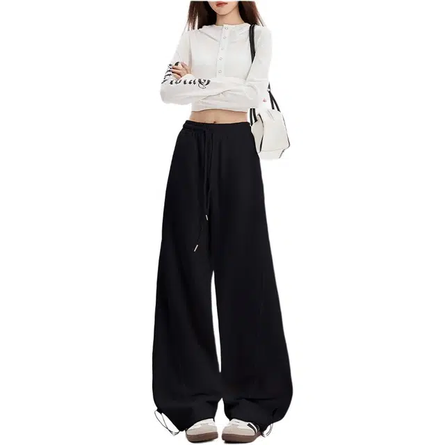 思蓓儿 美式运动裤女秋季弯刀裤高腰阔腿宽松香蕉裤卫裤休闲裤 女款