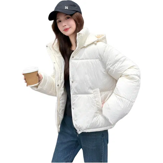 黛尔佳人 秋冬韩版简约休闲连帽拉链立领短款保暖棉面包服外套棉服 女款