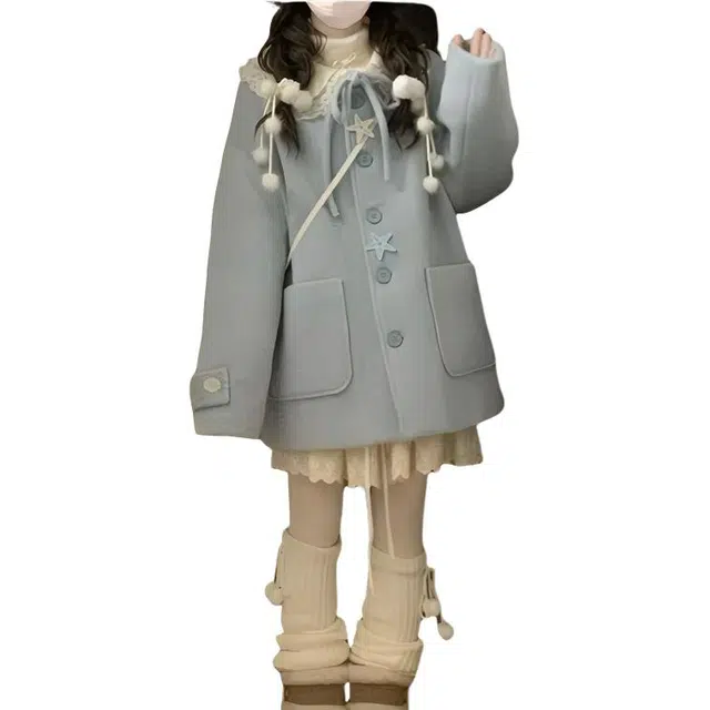 荟萃阁 冬日海岛奶油蓝海星扣气质甜美小众可爱百搭潮流呢子外套大衣 女款