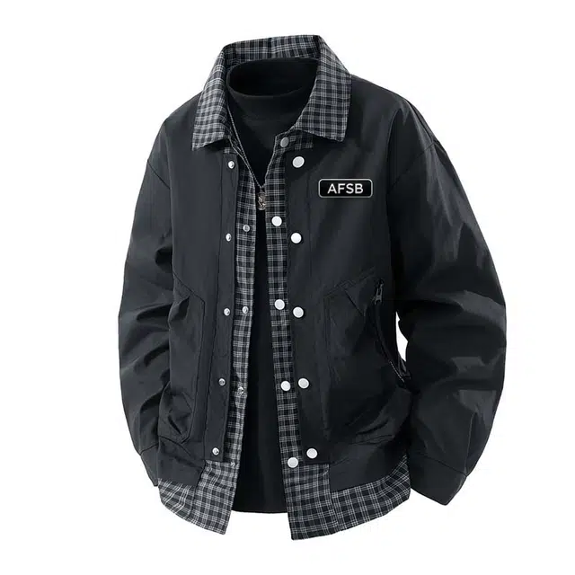 艾梵斯贝 美式复古潮流格子衬衫拼接假两件简约设计款无性别日常通勤百搭宽松休闲时尚高级感学院风潮酷高街翻领夹克 男女同款