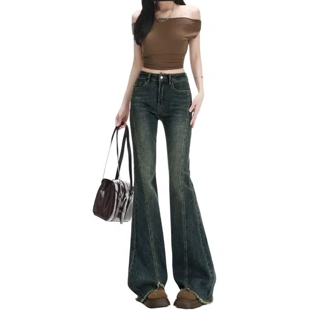 黛尔佳人 美式复古蓝高腰微喇女潮流百搭款辣妹设计感毛边马蹄裤女牛仔裤 女款