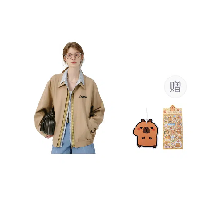 卡皮巴拉小黄豚 美式潮牌百搭格纹拼接撞色双层领假两件设计感无性别主义春秋季宽松休闲舒适高街痞帅工装夹克外套 男女同款