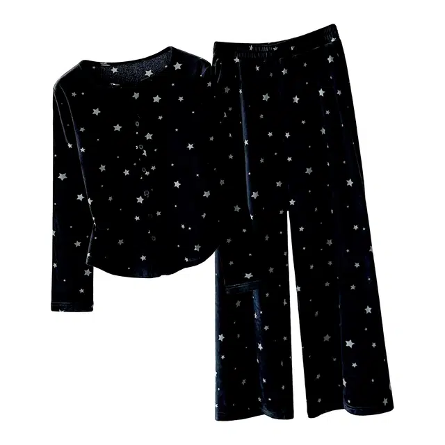 秀黛 星星海岛绒女冬季加厚保暖加绒可外穿家居服睡衣套装 女款