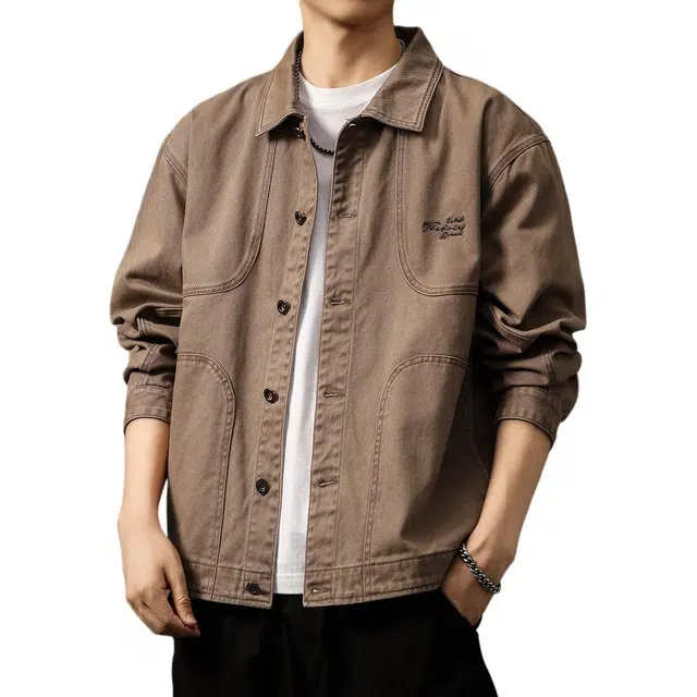 贵色 秋季 港风时尚潮流复古重磅水洗耐磨长袖男士潮牌高街字母印花设计日常穿搭休闲猎装工装夹克牛仔外套 宽松型 男女同款