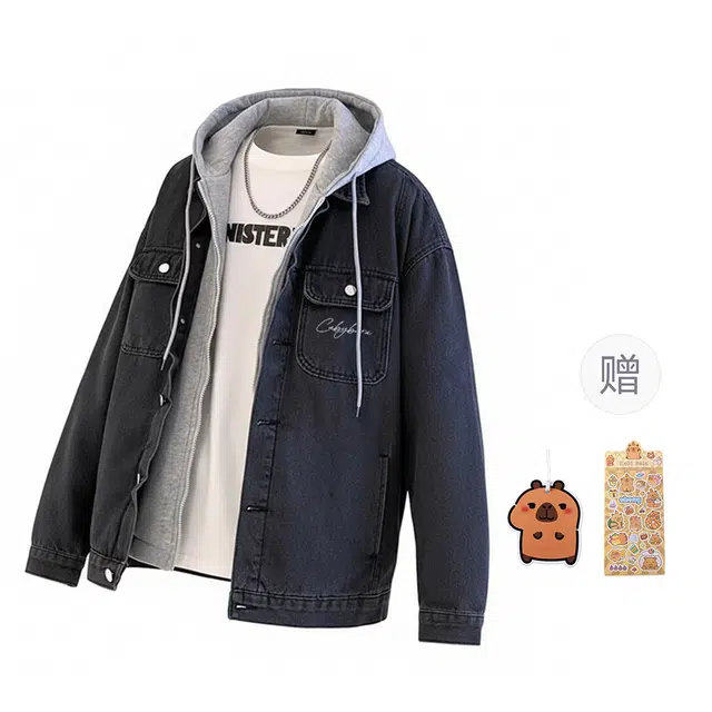 卡皮巴拉小黄豚 美式复古假两件连帽高街水洗做旧纯色基础宽松舒适时尚百搭街头潮流通勤秋季垂感直筒重磅开衫落肩牛仔外套 男女同款