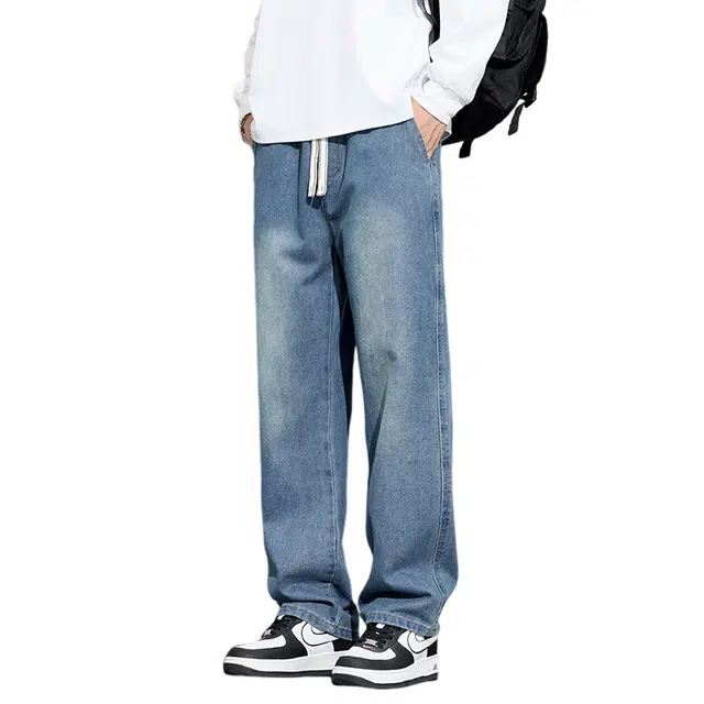 赛瀚 美式复古高街风休闲直筒牛仔裤男款春秋时尚潮流百搭舒适亲肤松紧腰简约个性痞帅显瘦显高男装宽松长裤少年通勤外穿男裤 男女同款
