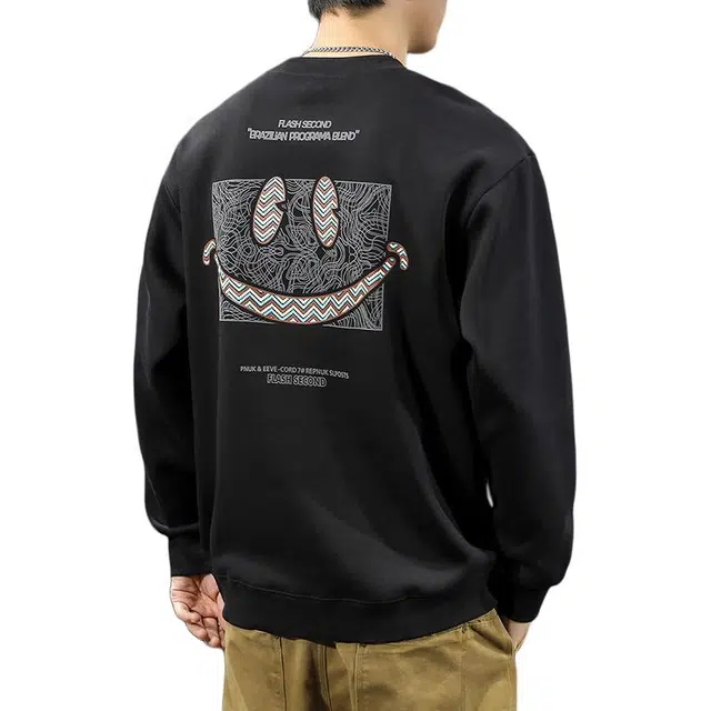 前进牛 美式复古潮牌笑脸圆领高街痞帅运动长袖休闲卫衣 男款