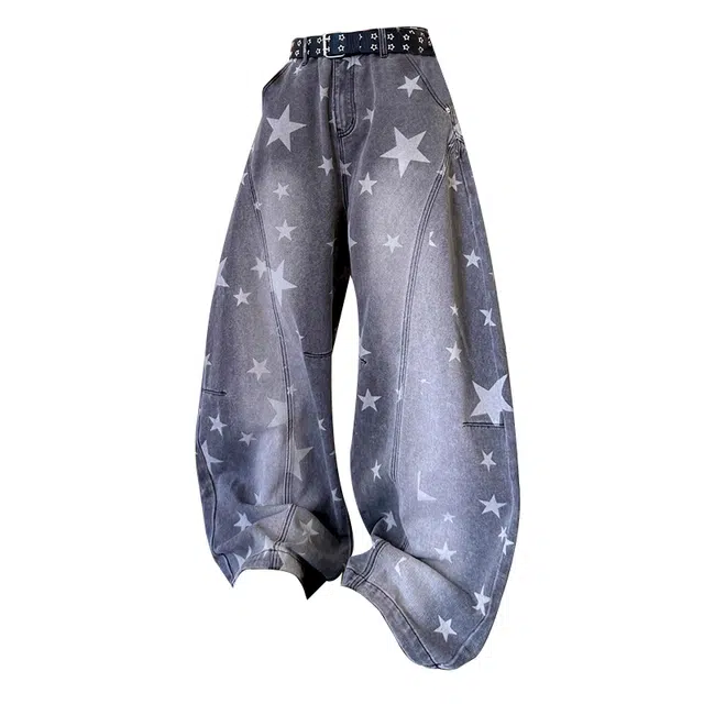 梁拌泡菜 美式复古星屑漫旅系列水洗做旧阔腿弯刀长裤春秋街头潮流宽松休闲牛仔裤 男女同款