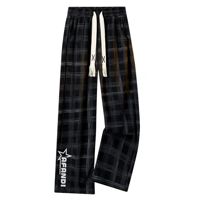 阿凡迪 美式高街格纹简约趣味星星字母印花系带抽绳裤子复古户外运动裤日常通勤百搭无性别主义格子长裤宽松垂感舒适阔腿休闲裤 男女同款