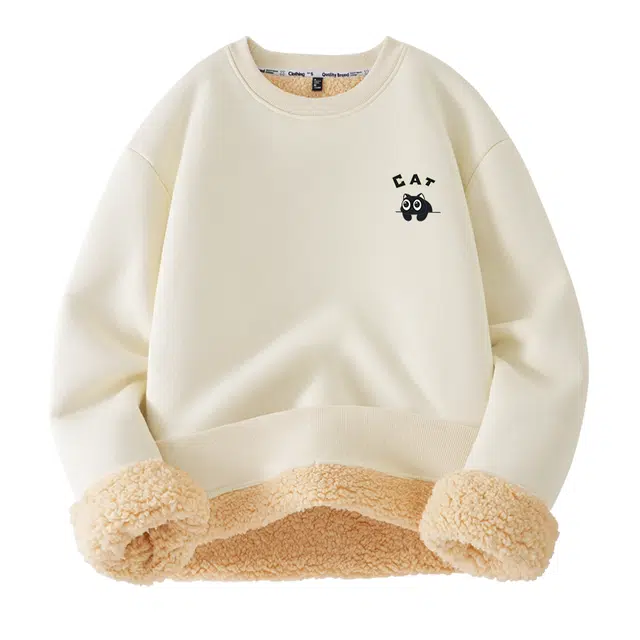 棉致 可爱黑猫基础时尚通勤舒适简约套头内穿外搭美式羊羔绒百搭重磅秋冬御寒高级感微落肩圆领卫衣 男女同款