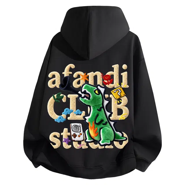 阿凡迪 美式高街仿毛绒涂鸦卡通恐龙印花校园简约百搭基础款纯色痞帅潮流无性别主义宽松长袖落肩套头氛围感运动连帽卫衣 男女同款