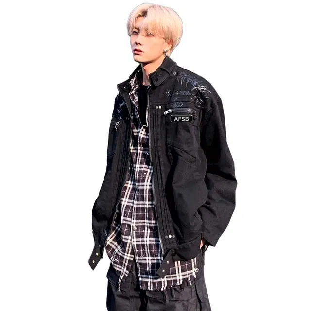 艾梵斯贝 美式复古潮流荆棘立体印花机车服小众设计款街头痞帅高级感日常通勤百搭宽松休闲时尚无性别高街风立领夹克 男女同款