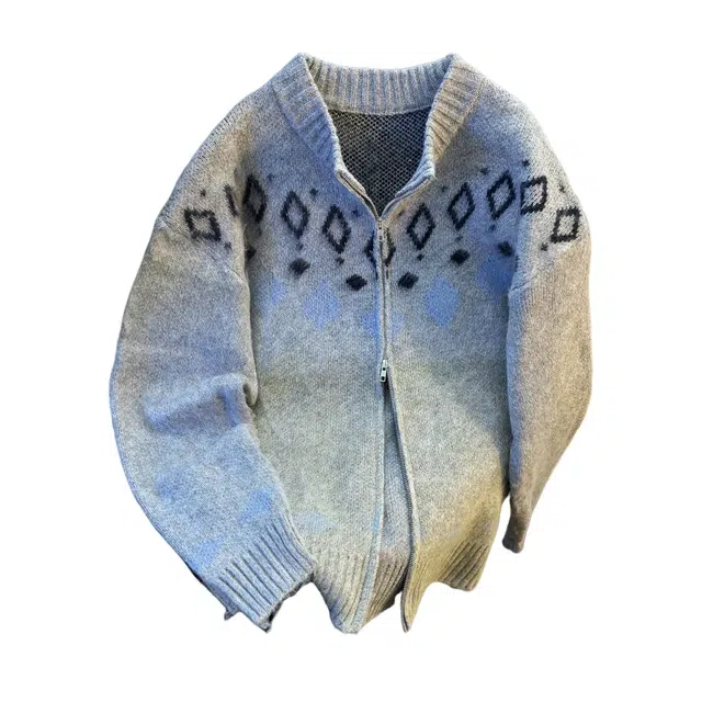 半空山 纯色慵懒感菱格圆领开衫外套宽松百搭软糯舒适亲肤透气情侣针织衫 男女同款