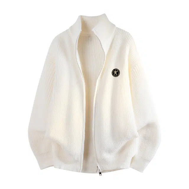 空白町 高街痞帅简约休闲潮流慵懒感纯色字母高领高智老钱风穿搭绞花毛衫开衫拉链落肩袖舒适基础款百搭时尚宽松针织衫  男女同款