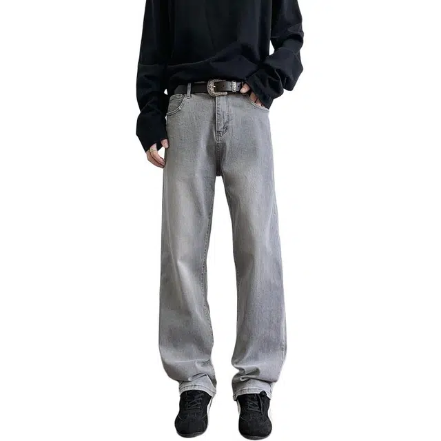 海尔斯 阔腿休闲美式简约复古宽松牛仔裤 男款