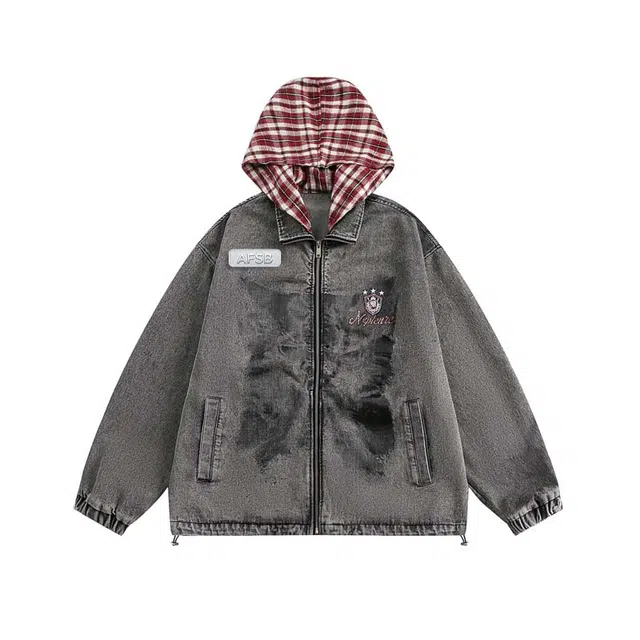 艾梵斯贝 美式复古潮流假两件拼接做旧水洗刺绣重工小众设计款无性别高级感日常通勤百搭宽松休闲时尚连帽开衫卫衣 男女同款