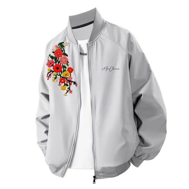 拾个壹先生 美式高街多巴胺仿刺绣花卉字母印花棒球服痞帅休闲夹克 男女同款