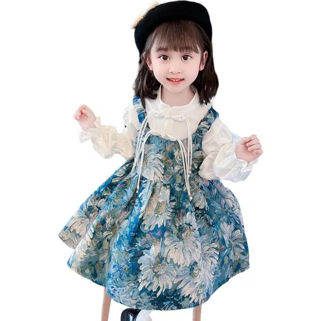 儿童款 米囹裙装套装 中国风盘扣衬衫碎花泡泡袖长袖立领