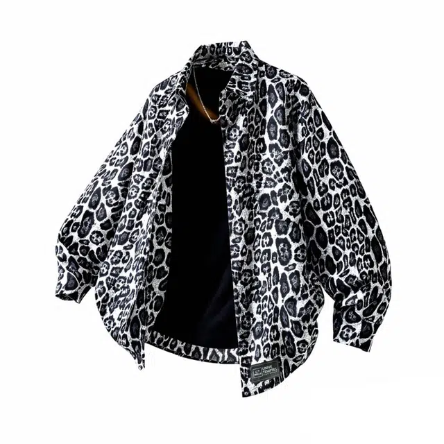物质公式 美式复古高街豹纹个性痞帅垂感时尚休闲运动重磅衬衣宽松百搭慵懒学院风舒适无性别主义潮流高级感开衫上衣长袖外套衬衫 男女同款
