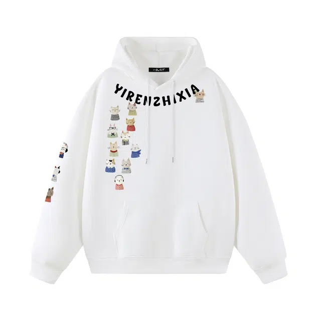 一人之下 美式高街卡通猫咪贴纸印花图案休闲宽松舒适百搭精选个性高级户外运动日常通勤气质潮流时尚长袖连帽卫衣 男女同款