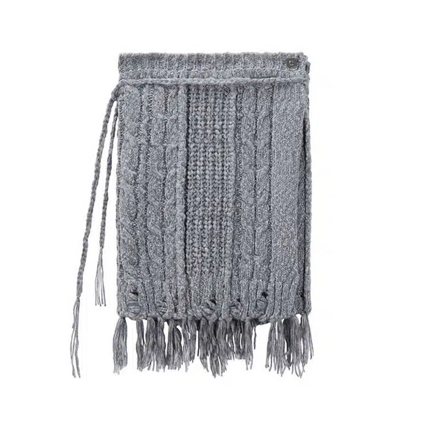 TREEMINGBIRD Wool Damage Tassel Knit Set-Up Layered Wrap