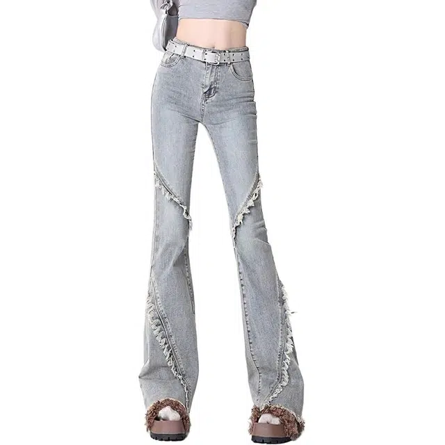 小卷要加油 高腰微喇叭女秋季修身显瘦毛边设计感拖地马蹄裤牛仔裤 女款