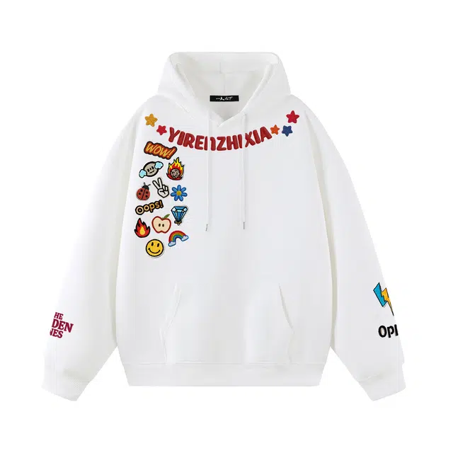 一人之下 美式高街仿刺绣卡通贴纸集合印花图案休闲宽松舒适百搭精选个性高级户外运动日常潮流时尚长袖连帽卫衣 男女同款