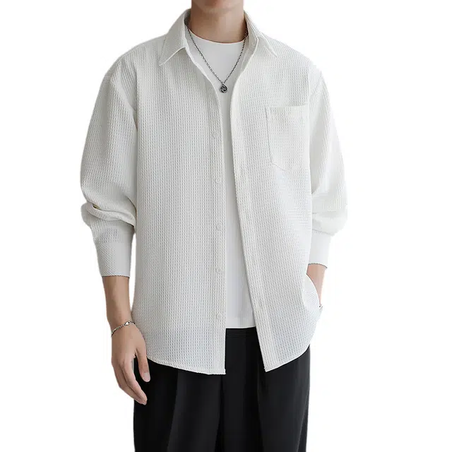 赛瀚 潮牌轻熟风衬衣长袖男款简约韩系高级感秋季百搭舒适亲肤男装宽松翻领上衣外套显瘦青少年通勤时尚高街外穿外搭衬衫 男女同款