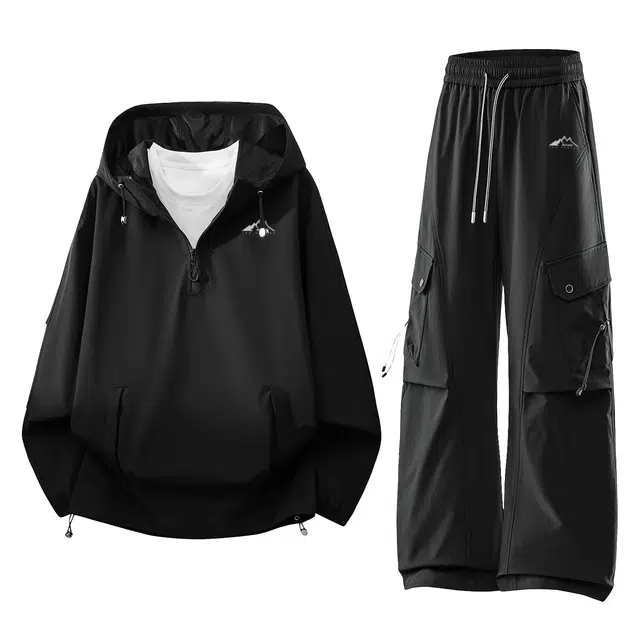赛琪 美式潮流复古简约印花半拉链拼接设计连帽通勤学院风防风防水卫衣宽松工装直筒垂感长裤休闲运动套装 男女同款