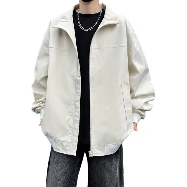 冈哉 春秋款飞行员外套美式立领纯色大码休闲简约宽松春秋季拉链个性百搭舒适高街潮流户外日常通勤皮夹克 男女同款