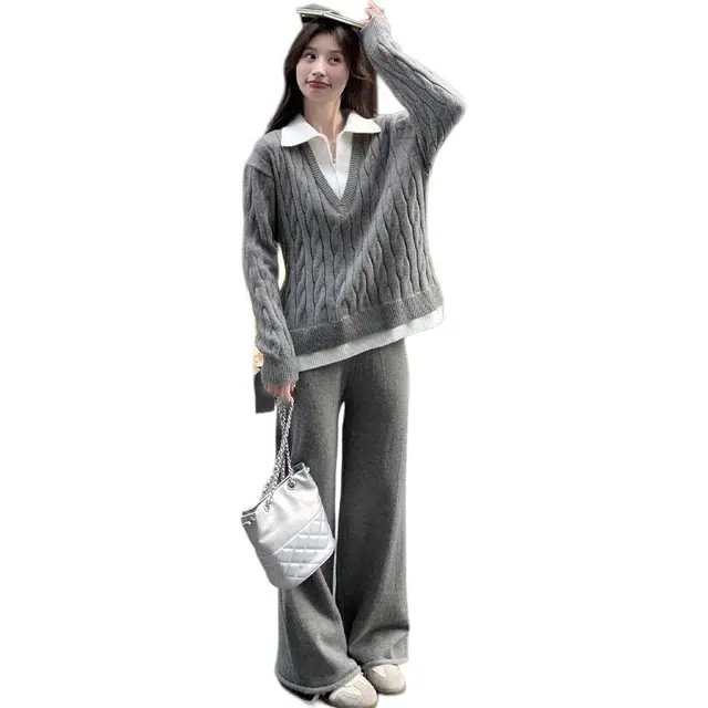 轻迎 时尚拼接假两件毛衣高级感针织衫裤两件套休闲套装 女款