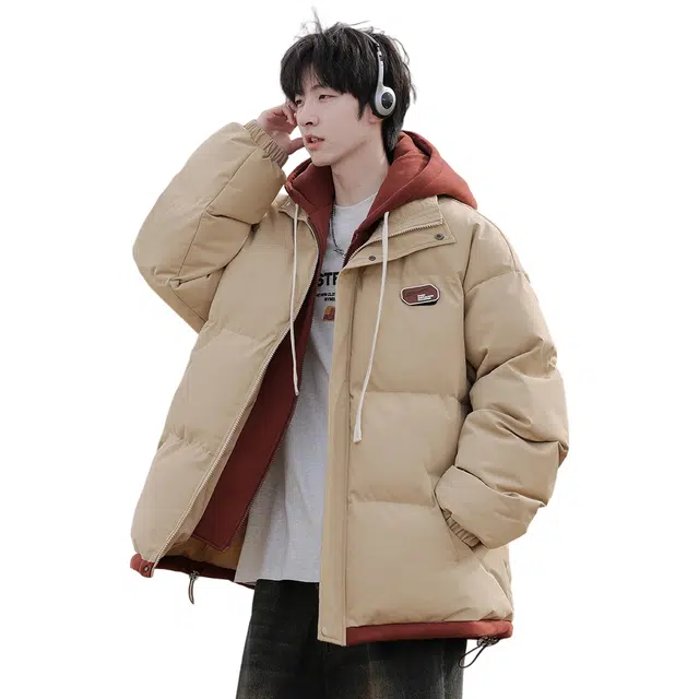 顶峰保罗 假两件拼接撞色休闲工装连帽面包服复古潮牌无性别主义直筒宽松百搭保暖大码厚实时尚长袖棉服 男女同款