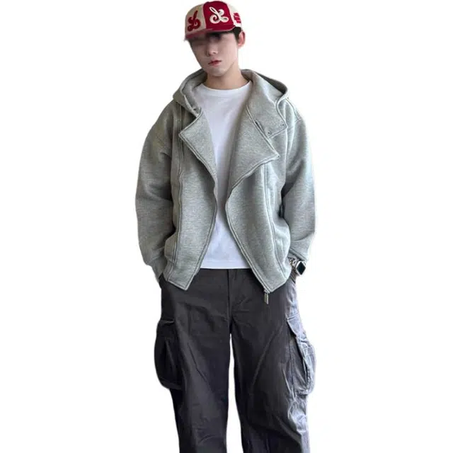黑马漫画 设计感双拉链开衫上衣男秋美式潮牌百搭情侣外套重磅宽松连卫衣 男女同款