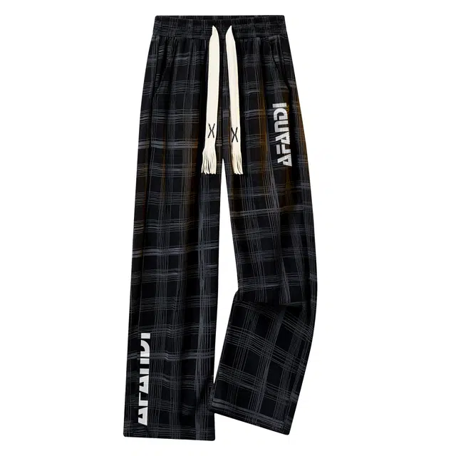 阿凡迪 美式复古潮流格子裤条纹中腰潮牌系带手绘简约字母印花日常百搭高街宽松长裤垂坠微弹透气阔腿裤垂感直筒休闲裤 男女同款