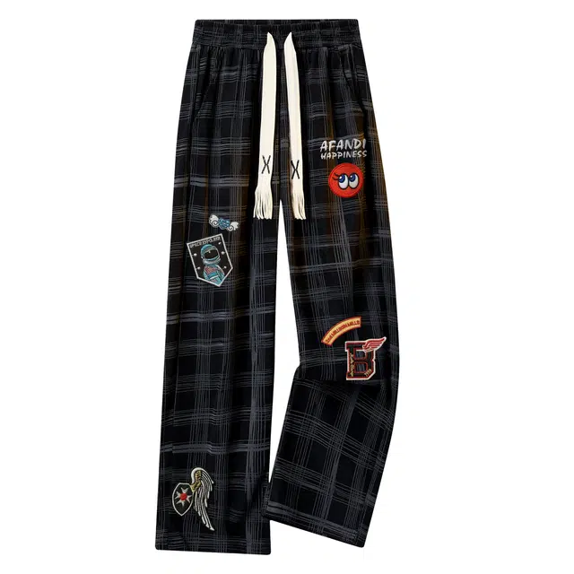 阿凡迪 美式高街复古格子条纹长裤仿刺绣趣味徽章字母卡通印花宽松直筒柔软舒适时尚潮牌显高垂感裤子百搭中腰系带休闲裤 男女同款