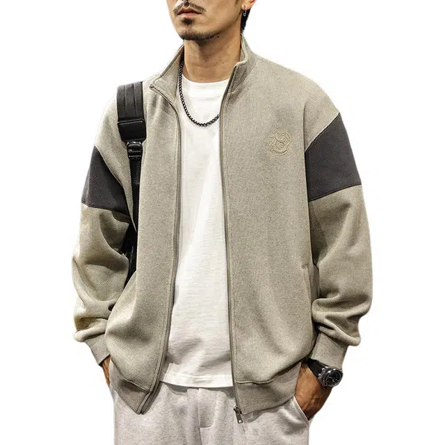 路杰邦 美式潮牌立领男宽松拼接撞色刺绣帅气开衫外套男秋季卫衣 男款