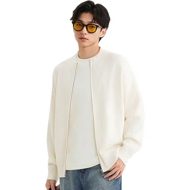 三福 肌理波纹开衫拉链纯色常规长袖圆领宽松毛衣 男款