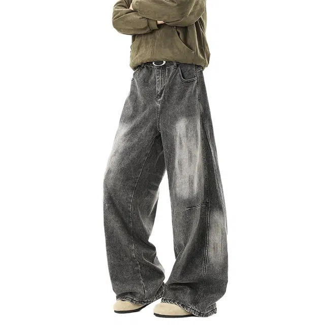 加荣 早秋宽松水洗做旧牛仔裤男美式复古分割拼接弯刀裤男款休闲阔腿裤直筒百搭男士裤子时尚高级感痞帅拖地长裤 男女同款