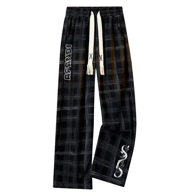 阿凡迪 美式重磅扎染格纹裤子手绘藤蔓字母印花系带抽绳裤子高街复古户外运动裤日常通勤百搭格子长裤宽松垂感舒适阔腿休闲裤 男女同款