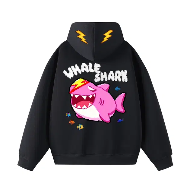 一人之下 美式高街像素风闪电小鲨鱼热带鱼仿刺绣字母印花设计时尚潮流宽松舒适日常通勤落肩长袖连帽卫衣 男女同款