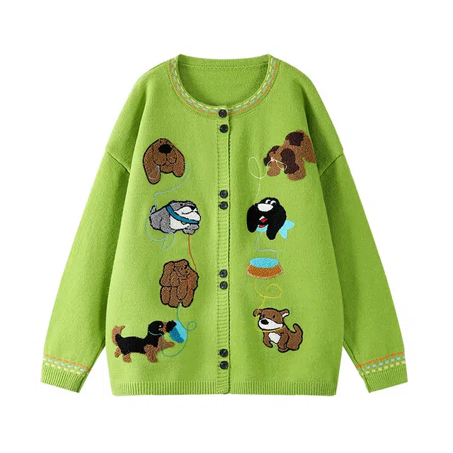 红蜻蜓 圆领卡通刺绣开衫外套休闲宽松百搭舒适长袖针织衫 男女同款