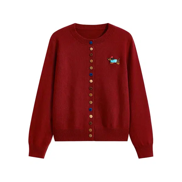 红蜻蜓 腊肠小狗刺绣彩色扣子圆领开衫外套简约百搭休闲长袖针织衫 女款