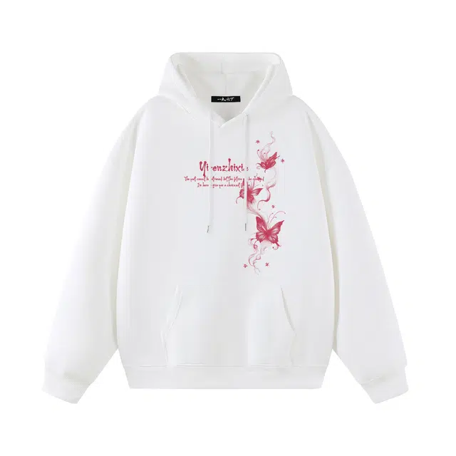 一人之下 美式高街泼墨字母烟雾蝴蝶印花图案休闲宽松舒适百搭精选个性高级户外运动日常通勤潮流时尚长袖连帽卫衣 男女同款