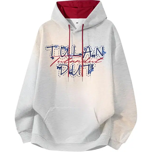 图兰朵 美式潮牌字母印花撞色拼接舒适透气外套日常休闲百搭复古学院慵懒风情侣连帽卫衣 男女同款