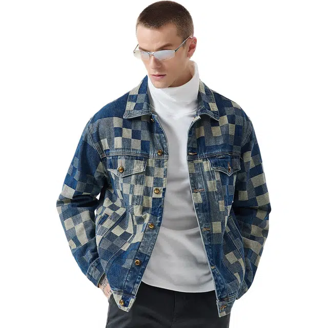 逆腾 秋季复古棋盘格工装夹克男潮牌宽松休闲男士纯棉痞帅牛仔外套 男女同款