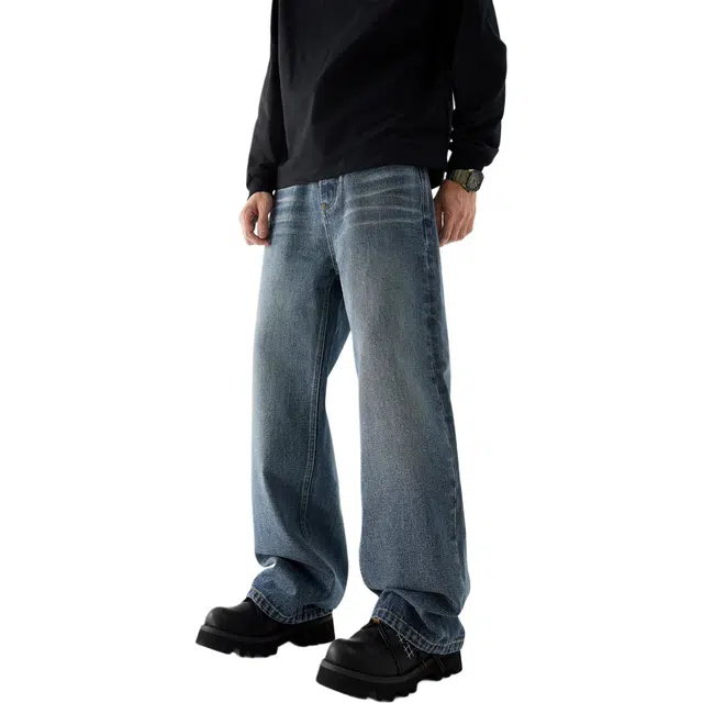 帝狼牛 美式街头潮流休闲通勤百搭水洗中腰直筒拉链牛仔裤 男女同款