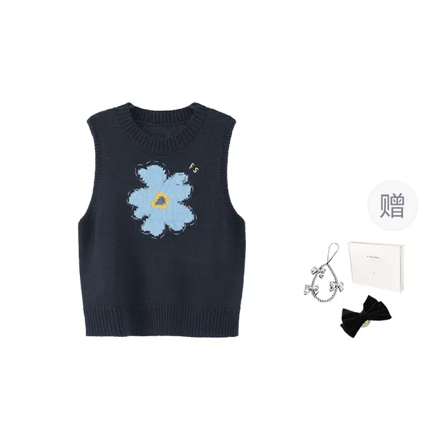 法儿家 花花宇宙初秋韩系小个子减龄百搭圆领撞色毛衣马甲 女款